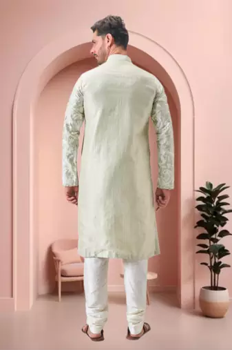 Pista green art silk embroidery kurta pajama set