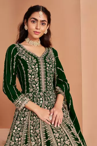 Dark green georgette embroidered salwar suit