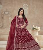 Red velvet embroidered semi stitched salwar suit