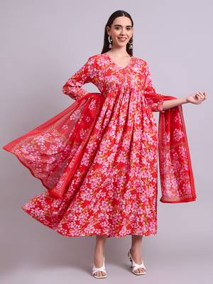 red rayon floral printed & embroidery work anarkali dress with dupatta set 1