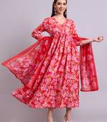 red rayon floral printed & embroidery work anarkali dress with dupatta set