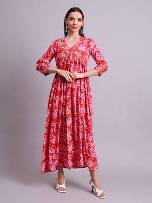 red rayon floral printed & embroidery work anarkali dress with dupatta set 2