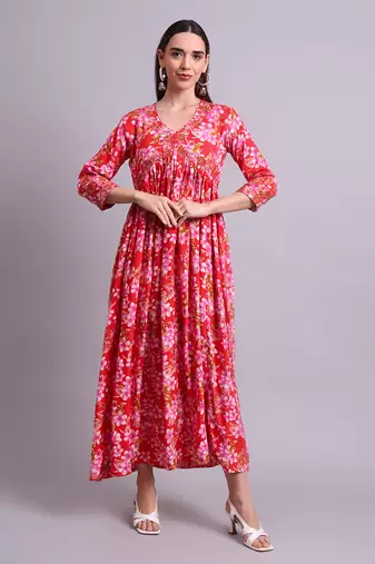red rayon floral printed & embroidery work anarkali dress with dupatta set