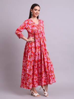 red rayon floral printed & embroidery work anarkali dress with dupatta set 3