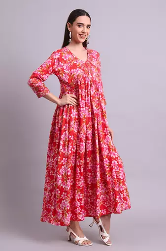 red rayon floral printed & embroidery work anarkali dress with dupatta set
