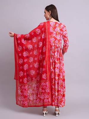 red rayon floral printed & embroidery work anarkali dress with dupatta set 4