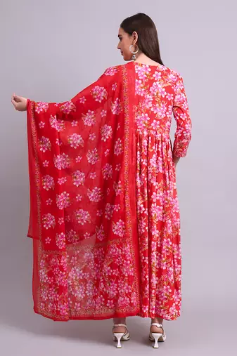 red rayon floral printed & embroidery work anarkali dress with dupatta set