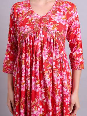 red rayon floral printed & embroidery work anarkali dress with dupatta set 5
