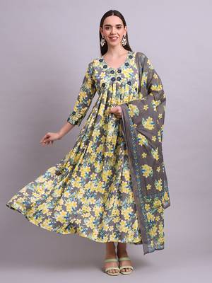 yellow rayon floral printed & embroidery work anarkali dress with dupatta set 1
