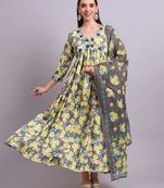 yellow rayon floral printed & embroidery work anarkali dress with dupatta set