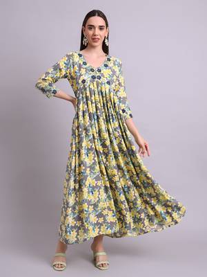 yellow rayon floral printed & embroidery work anarkali dress with dupatta set 2