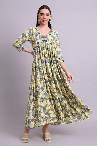 yellow rayon floral printed & embroidery work anarkali dress with dupatta set