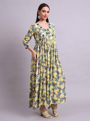 yellow rayon floral printed & embroidery work anarkali dress with dupatta set 3