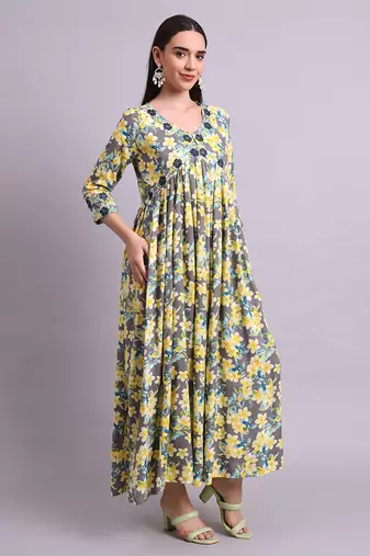yellow rayon floral printed & embroidery work anarkali dress with dupatta set
