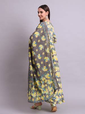 yellow rayon floral printed & embroidery work anarkali dress with dupatta set 4
