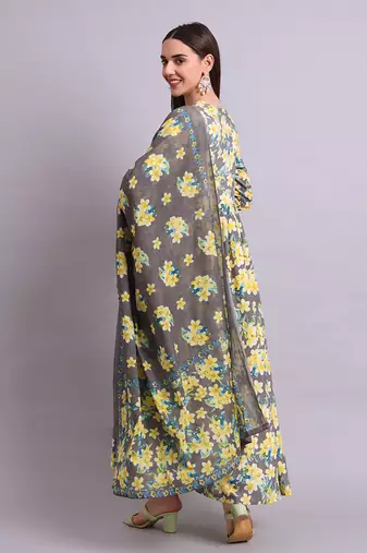 yellow rayon floral printed & embroidery work anarkali dress with dupatta set
