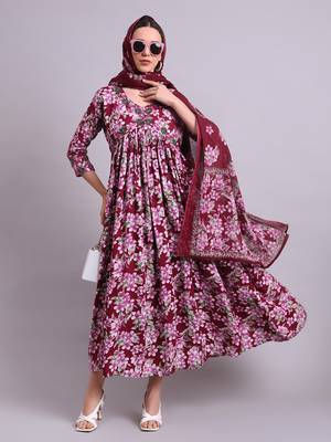 purple rayon floral printed & embroidery work anarkali dress with dupatta set 1