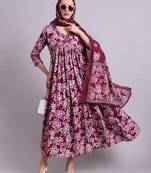 purple rayon floral printed & embroidery work anarkali dress with dupatta set