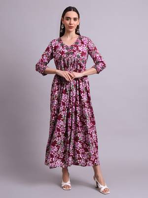 purple rayon floral printed & embroidery work anarkali dress with dupatta set 2