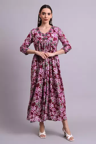 purple rayon floral printed & embroidery work anarkali dress with dupatta set