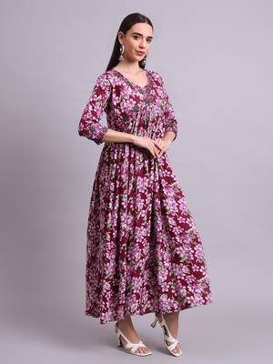 purple rayon floral printed & embroidery work anarkali dress with dupatta set 3