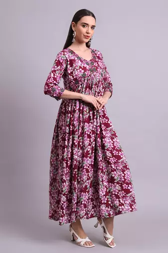 purple rayon floral printed & embroidery work anarkali dress with dupatta set