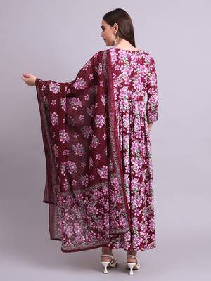 purple rayon floral printed & embroidery work anarkali dress with dupatta set 4