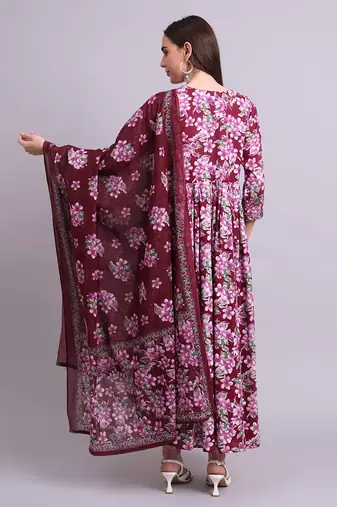 purple rayon floral printed & embroidery work anarkali dress with dupatta set