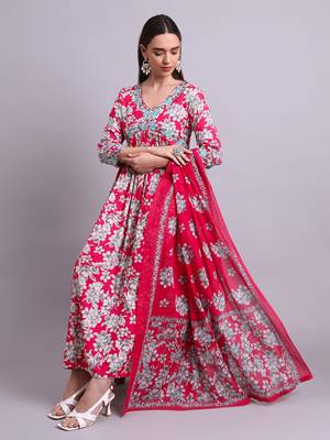 red rayon floral printed & embroidery work anarkali dress with dupatta set 1