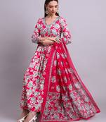 red rayon floral printed & embroidery work anarkali dress with dupatta set