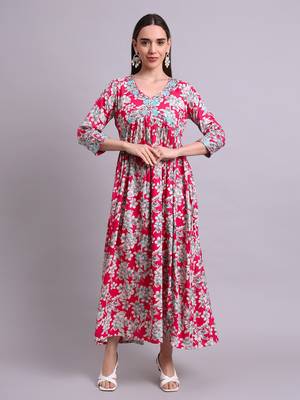 red rayon floral printed & embroidery work anarkali dress with dupatta set 2