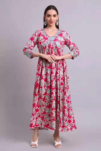 red rayon floral printed & embroidery work anarkali dress with dupatta set