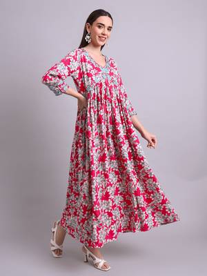 red rayon floral printed & embroidery work anarkali dress with dupatta set 3