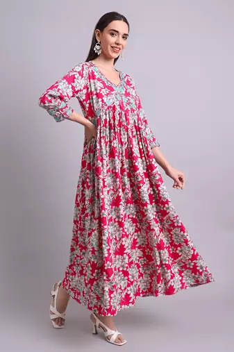 red rayon floral printed & embroidery work anarkali dress with dupatta set