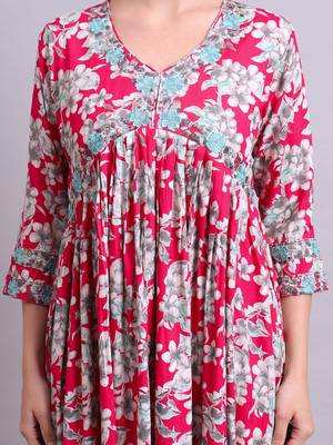 red rayon floral printed & embroidery work anarkali dress with dupatta set 4