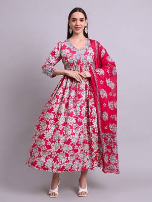 red rayon floral printed & embroidery work anarkali dress with dupatta set 5