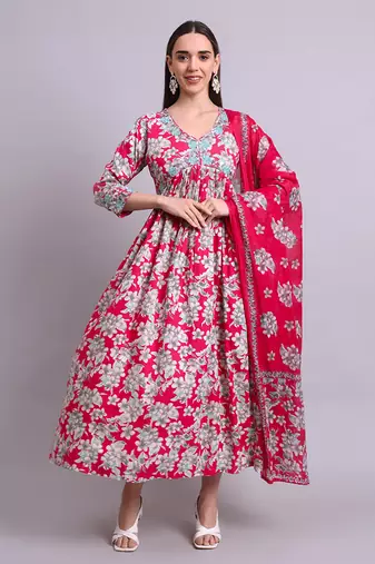 red rayon floral printed & embroidery work anarkali dress with dupatta set