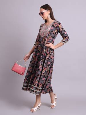 black rayon floral printed & embroidery work anarkali dress 1