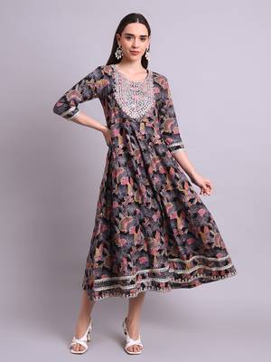 black rayon floral printed & embroidery work anarkali dress 2