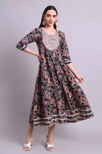 black rayon floral printed & embroidery work anarkali dress