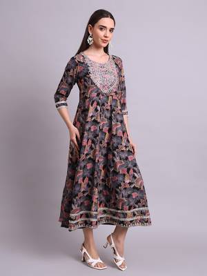 black rayon floral printed & embroidery work anarkali dress 3