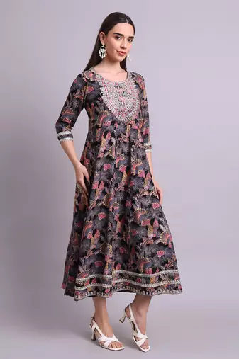 black rayon floral printed & embroidery work anarkali dress