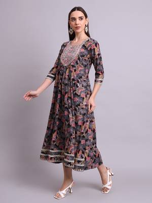 black rayon floral printed & embroidery work anarkali dress 4