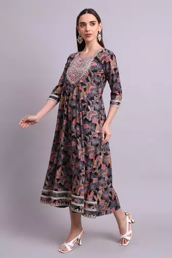 black rayon floral printed & embroidery work anarkali dress