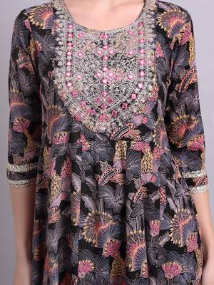 black rayon floral printed & embroidery work anarkali dress 5