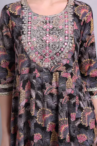 black rayon floral printed & embroidery work anarkali dress