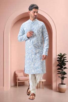 Sky blue art silk embroidery kurta pajama set 1