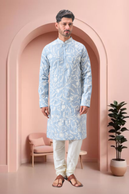 Sky blue art silk embroidery kurta pajama set 2