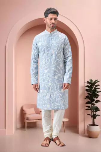 Sky blue art silk embroidery kurta pajama set