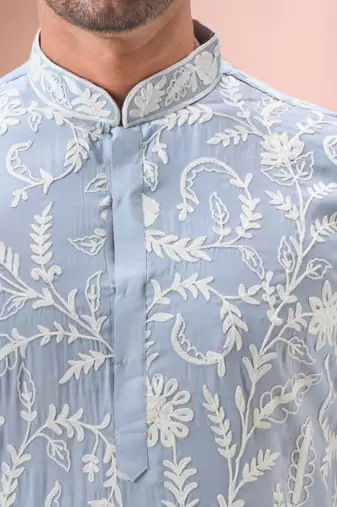 Sky blue art silk embroidery kurta pajama set